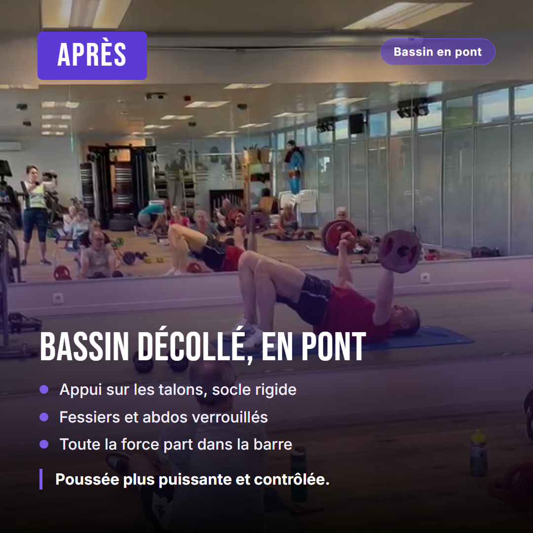 Développé au sol avec pont fessier, bassin décollé